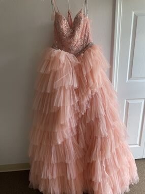 Rum Pink Ruffle Tulle Quinceanera Gown with Embellished Bodice Size 6